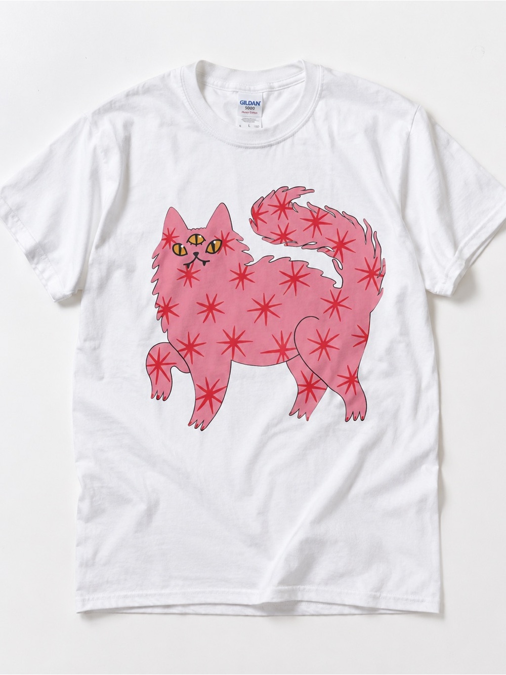 Gildan White Tee with Pink Starred Cat Graphic